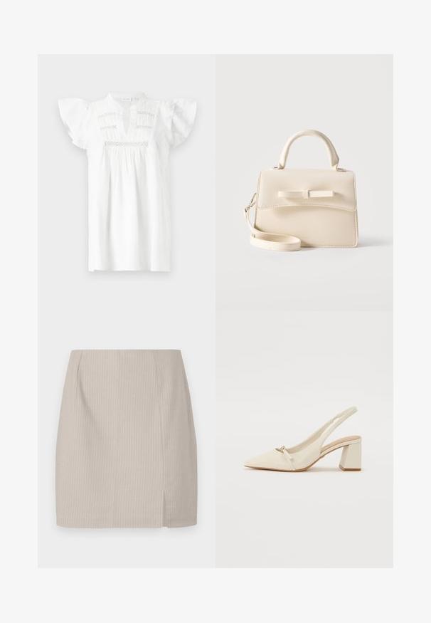 Blusa blanca de manga corta con escote en V, textura fruncida y detalles de encaje horizontal a lo largo del cuerpo. Tejido de algodón suave.; Falda lápiz beige con textura de rayas, corte recto y una abertura lateral para mayor movimiento. Confeccionada en tejido ligero.; Zapato slingback de cuero beige con punta afilada, tacón bajo en bloque y pequeño lazo en la parte delantera. Textura suave y diseño minimalista.; Pequeño bolso beige con asa superior, correa desmontable, solapa frontal y lazo decorativo horizontal sobre un fondo liso.