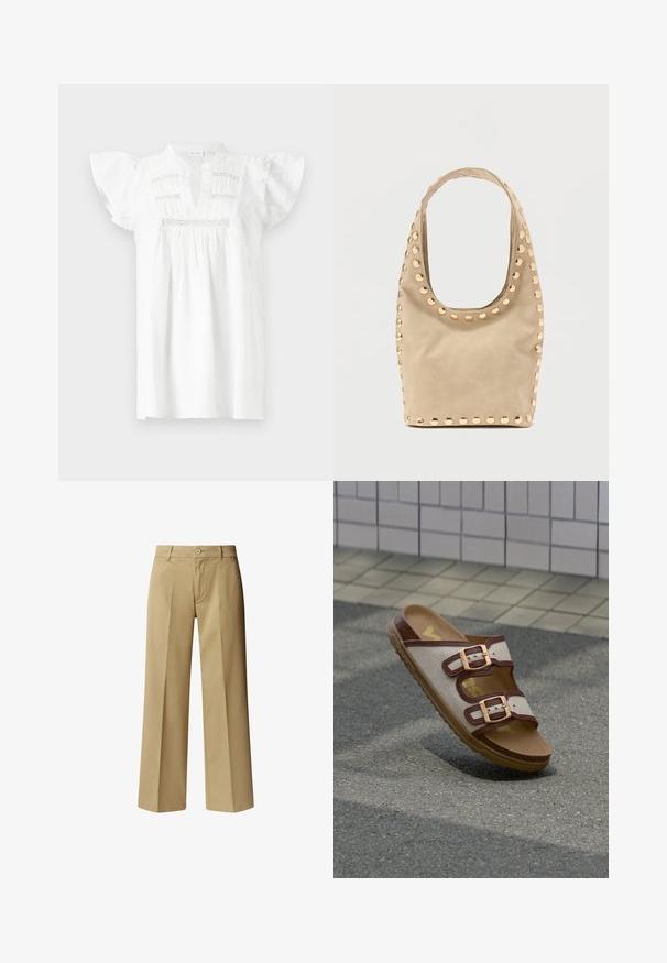 Blusa blanca de manga corta con escote en V, textura fruncida y detalles de encaje horizontal a lo largo del cuerpo. Tejido de algodón suave.; Pantalones anchos de color caqui hechos de mezcla de algodón, con pliegue frontal, cierre de un solo botón y trabillas para cinturón. Textura suave.; Sandalia beige con dos hebillas marrones ajustables, plantilla color canela y suela marrón texturizada sobre pavimento gris cerca de una pared con azulejos.; Bolso beige con forma redondeada, textura suave y tachuelas circulares doradas alrededor de los bordes. Cuenta con una sola correa y una apertura espaciosa.