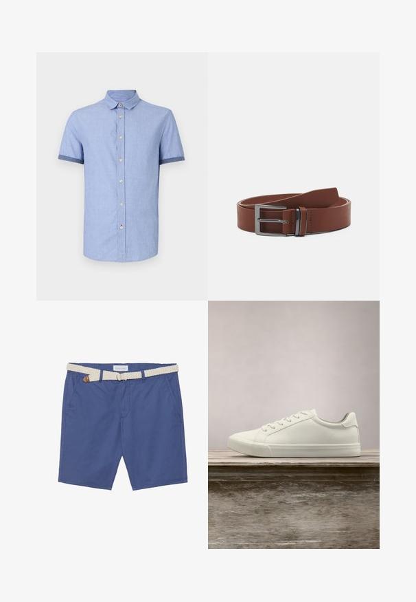 Chemise bleu clair à manches courtes avec un col boutonné, dotée de boutons marron clair et d'une finition contrastante bleu foncé sur les manches.; Shorts en coton bleu avec une ceinture en crème tissée. Les caractéristiques incluent deux poches latérales et une coupe classique avec un design à jambe droite.; Sneaker en dentelle blanche flottant au-dessus d'un banc en bois avec un feuillage vert en arrière-plan, mettant en valeur le design et la texture de la chaussure.; Ceinture en cuir marron avec une texture lisse, dotée d'une boucle en métal argenté et d'un design minimaliste. La ceinture a une extrémité arrondie et des coutures précises.