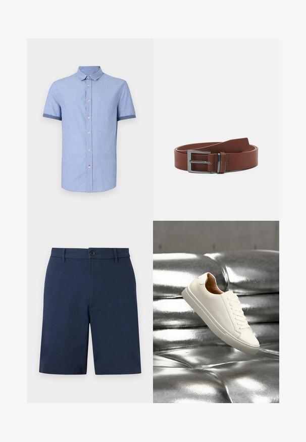 Chemise bleu clair à manches courtes avec un col boutonné, dotée de boutons marron clair et d'une finition contrastante bleu foncé sur les manches.; Shorts pour hommes ajustés bleu marine avec passants pour ceinture, fermeture à bouton, et design avant épuré sur un fond uni.; Baskets basses blanches flottant au-dessus d'une surface en cuir argenté brillant capitonnée.; Ceinture en cuir marron avec une texture lisse, dotée d'une boucle en métal argenté et d'un design minimaliste. La ceinture a une extrémité arrondie et des coutures précises.