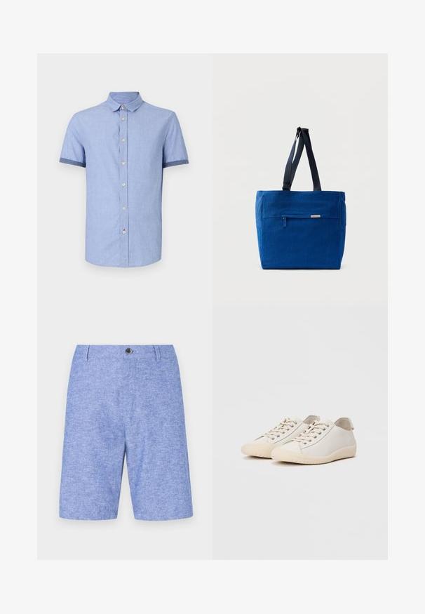 Chemise bleu clair à manches courtes avec un col boutonné, dotée de boutons marron clair et d'une finition contrastante bleu foncé sur les manches.; Shorts bleu clair en tissu texturé, dotés d'une fermeture à bouton à l'avant et de poches latérales, avec une coupe droite et un design au genou.; Baskets blanches en cuir lisse avec des coutures ton sur ton, fermeture à lacets, bout arrondi et semelle en caoutchouc texturée.; Sac fourre-tout en toile bleue avec une poche zippée à l'avant, des doubles bretelles et une forme rectangulaire. Dispose d'une étiquette de marque discrète.
