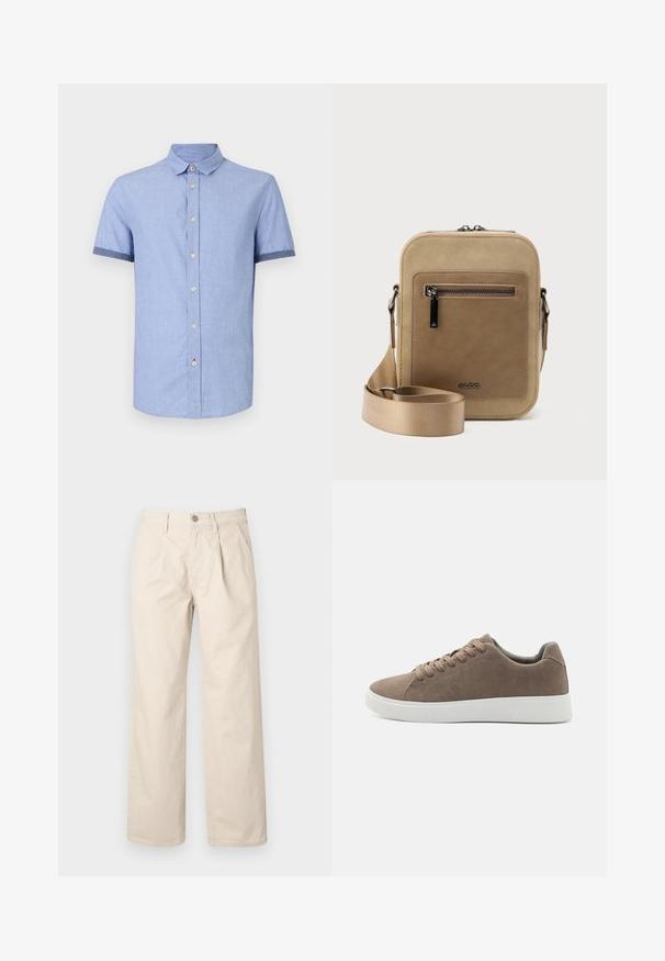 Chemise bleu clair à manches courtes avec un col boutonné, dotée de boutons marron clair et d'une finition contrastante bleu foncé sur les manches.; Pantalons larges beiges à taille haute, avec des plis avant, une fermeture à bouton sur le devant et un tissu en coton lisse.; Baskets en daim marron avec des semelles en caoutchouc blanc plat, design lacé, bout rond et texture lisse. Style minimaliste avec des détails de couture subtils.; Petit sac bandoulière beige avec poche avant zippée, logo métallique ALDO, sangle large ajustable et forme rectangulaire arrondie sur fond blanc.