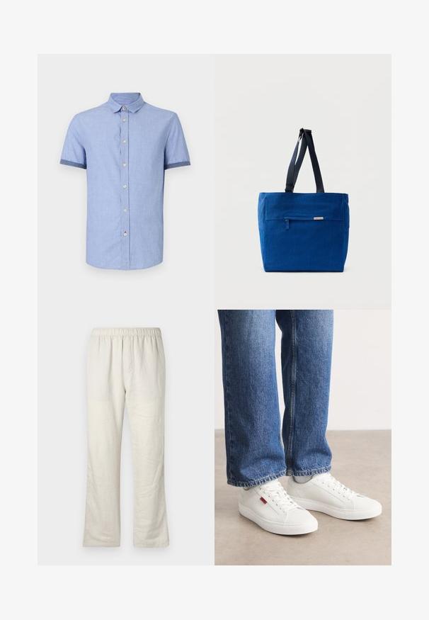 Chemise bleu clair à manches courtes avec un col boutonné, dotée de boutons marron clair et d'une finition contrastante bleu foncé sur les manches.; Pantalons en lin léger beige avec taille élastique, coupe droite, et sans poches ni fermetures visibles.; Baskets blanches avec une surface lisse, un bout rond et une semelle plate. Accompagnées d'un jean en denim bleu avec une coupe droite et des coutures visibles.; Sac fourre-tout en toile bleue avec une poche zippée à l'avant, des doubles bretelles et une forme rectangulaire. Dispose d'une étiquette de marque discrète.