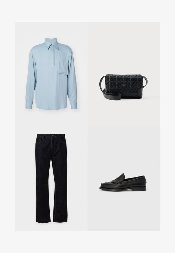 Lichtblauw overhemd met lange mouwen van soepele stof, met een gevouwen kraag, drie knopen en een linker borstzak met contrasterende stiksels.; Zwarte denim jeans met rechte pijpen, vooraan knoop- en ritssluiting, twee voorzakken en riemlussen tegen een effen achtergrond.; Zwarte leren instapschoenen met een geweven detail aan de voorkant, een ronde neus en een lage hak. Glad textuur en minimalistisch ontwerp.; Zwarte crossbodytas met een gestructureerd oppervlak, een klepsluiting en een klein metalen logo aan de voorkant, afgebeeld tegen een effen achtergrond.