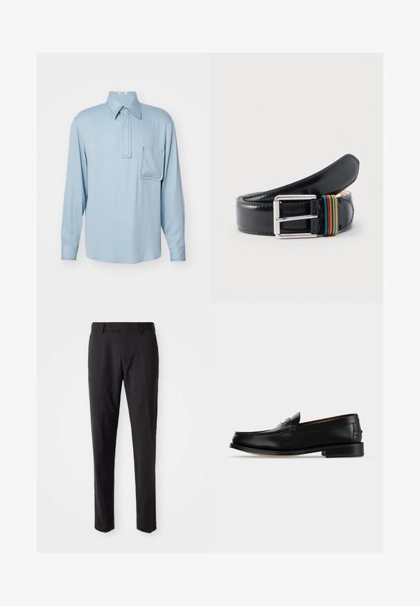 Lichtblauw overhemd met lange mouwen van soepele stof, met een gevouwen kraag, drie knopen en een linker borstzak met contrasterende stiksels.; Zwarte op maat gemaakte broeken met een platte voorkant, slim fit, riemlussen en een soepele textuur. Geschikt voor formele of zakelijke kleding.; Zwarte leren herenloafer met een lage hak en mocassinstiksels op de teen, zijaanzicht op een effen achtergrond.; Zwarte leren riem met zilverkleurige metalen gesp; heeft een gestreepte stofaccent in rood, groen en geel vlak bij de gesp.