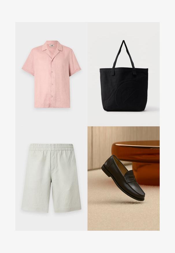 Chemise à manches courtes en lin rose doux, avec un col évasé, fermeture par boutons sur le devant et une coupe décontractée. Texture lisse avec un léger éclat.; Shorts gris clair en tissu texturé, avec une taille élastique et des poches latérales sur les coutures ; coupe droite.; Chaussure mocassin en cuir noir suspendue au-dessus d’un tapis beige avec du mobilier moderne couleur ambre en arrière-plan.; Sac fourre-tout en toile noire avec deux bandoulières et un motif circulaire discret en relief sur le devant.
