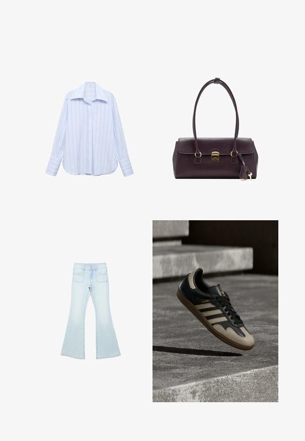 Chemise à manches longues bleu clair avec des rayures blanches verticales, un col pointu et une fermeture à boutons. Elle présente une coupe décontractée et des manches à poignets.; Jean en denim bleu clair à taille haute, fermeture à double bouton, poches avant et jambes évasées larges.; Baskets en cuir noir et beige avec trois bandes blanches, semelle en caoutchouc beige et détail en or "Samba" sur le côté.; Sac à main en cuir violet foncé avec un design structuré, deux poignées, des accessoires dorés, un rabat plat avec un fermoir et un détail porte-clés.