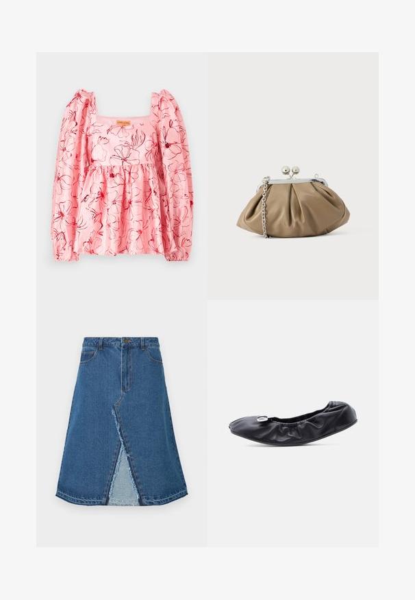 Roze blouse met pofmouwen, een vierkante halslijn en een bloemenpatroon in het rood. Gemaakt van textuurstof met een geraffineerde taille.; Blauwe spijkerrok met een uitlopende vorm, voorzien van een split aan de voorkant en een rafelige zoom. Klassiek design met vijf zakken en een metalen knoopsluiting.; Zwarte leren platte schoen met een afgeronde neus en een geplooid ontwerp langs de opening. Heeft een subtiel zilveren sierstuk aan de voorkant.; Leren clutch in zacht beige met een afgeronde vorm, geplooide textuur, zilveren kiss-lock sluiting en een afneembare kettingriem.
