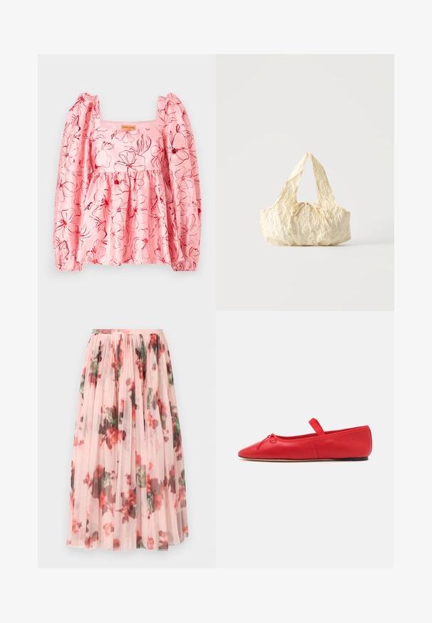 Roze blouse met pofmouwen, een vierkante halslijn en een bloemenpatroon in het rood. Gemaakt van textuurstof met een geraffineerde taille.; Tule rok met een zachte roze basis, met een bloemenpatroon in rood en groen. De stof is doorschijnend met geplooide fronsen aan de tailleband.; Loeffler Randall LEONIE SOFT BALLET FLAT - Ballerina's met enkelbandjes - red; Handtas van crèmekleurige gestructureerde stof met bovenhandvatten en een klein geknoopt strikje middenvoor.