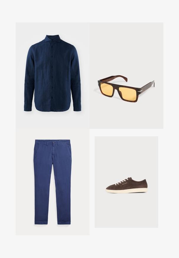 Mørkeblå linned skjorte med lange ærmer, spidse krave, front lukning med knapper og tekstureret stof. Rundet kant og knaplukning ved ærmerne.; Mørkeblå herre slim-fit afslappede bukser med bælteholdere, frontknap og lynlås lukning samt sidelommer, lagt fladt på hvid baggrund.; Mørkebrun ruskind lavt sneaker med hvide snørebånd, hvid sål og lille "Paul Smith" logo på siden.; Rektangulære solbriller i skildpaddemønster med brede stel og gule linser på en hvid baggrund.