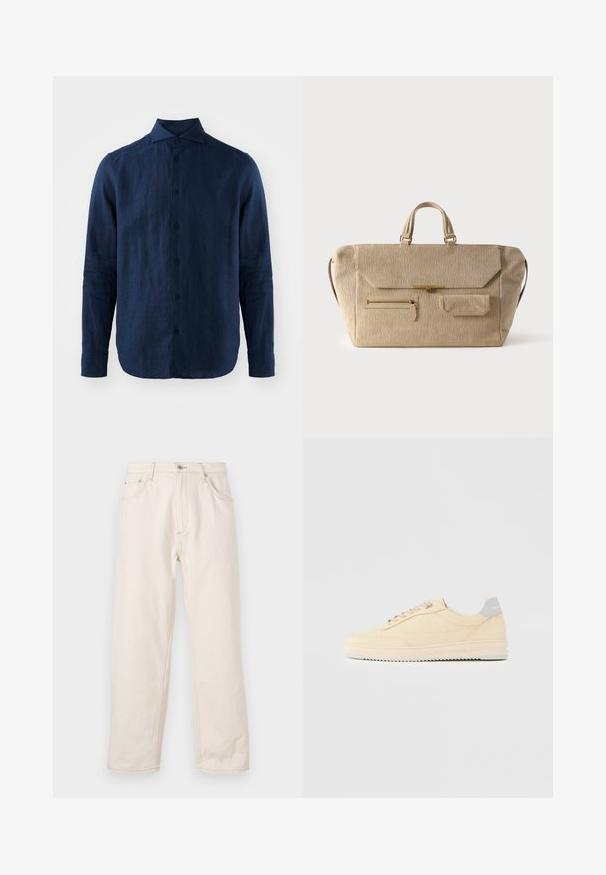 Mørkeblå linned skjorte med lange ærmer, spidse krave, front lukning med knapper og tekstureret stof. Rundet kant og knaplukning ved ærmerne.; Beige lige jeans i denim med knaplukning, fem lommer og synlige syninger. Glat tekstur.; Beige lavtop sneaker med snørelukning foran, lyserød sål og grå hællap med mærket "Filling Pieces", vist i profil på ensfarvet baggrund.; Beige fløjlsbukse-weekendtaske med dobbelte håndtag, klaplås, frontlomme med lynlås og lille klaplomme på hvid baggrund.