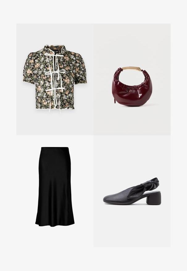 Kurzarmbluse mit schwarzem Blumendruck, weißer Schleifenverschluss und gerafften Schultern. Dekorativer gewellter Saum mit strukturiertem Stoff.; Schwarzer Satin-Midi-Rock mit glatter Textur, ausgestellt am Saum und mit einem taillierten Bund, der ein einfaches, klassisches Design aufweist.; Schwarzer Leder-Slingback-Schuh mit abgerundeter Spitze, einem geknoteten Riemendetail und niedrigem Blockabsatz auf weißem Hintergrund.; Burgunderfarbene Kunstleder-Handtasche mit runder Form, gerafften Details und einem goldfarbenen Metallgriff. Glatte Textur und glänzende Oberfläche.