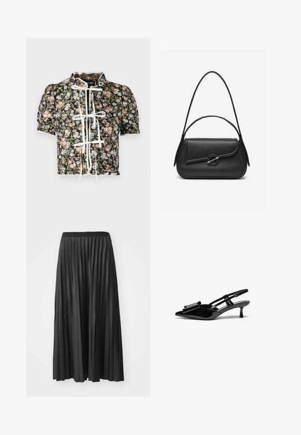 Korte mouwen blouse met een zwart bloemenprint, wit striksluiting en gathered schouders. Decoratieve scalloped zoom met textuurstof.; Zwarte geplisseerde maxi rok met een gladde textuur en een elastische tailleband, met verticale plooien die volume en beweging creëren.; Zwarte gepatineerde lederen slingback hakken met een puntige neus, een strikdetail aan de voorkant en een kleine stilettohak. De bandjes hebben verstelbare gespen.; Zwarte leren handtas met afgeronde hoeken, asymmetrische klep, metalen ronde sluiting en zowel korte als lange schouderriemen.