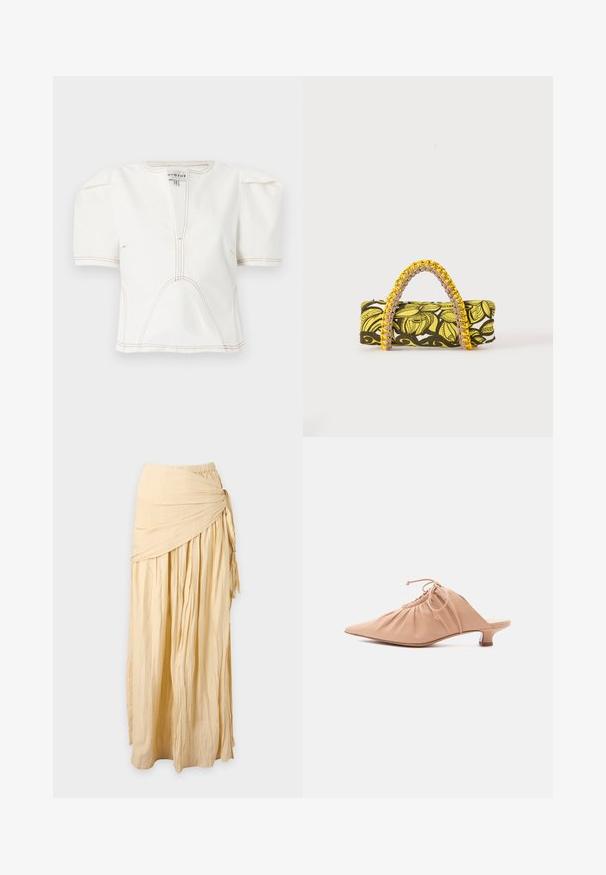 Haut blanc court avec manches courtes bouffantes, présentant un col en V profond et des surpiqûres marron contrastantes soulignant les coutures et les détails du design.; Longue jupe beige avec tissu froncé et détail de nœud torsadé sur le côté droit, présentée sur un fond uni.; Mule pour femme en cuir beige avec bout pointu, dessus froncé, lien de serrage et petit talon kitten, sur fond blanc.; Sac rectangulaire avec motif floral jaune et noir et anse tressée jaune et rose sur fond blanc.