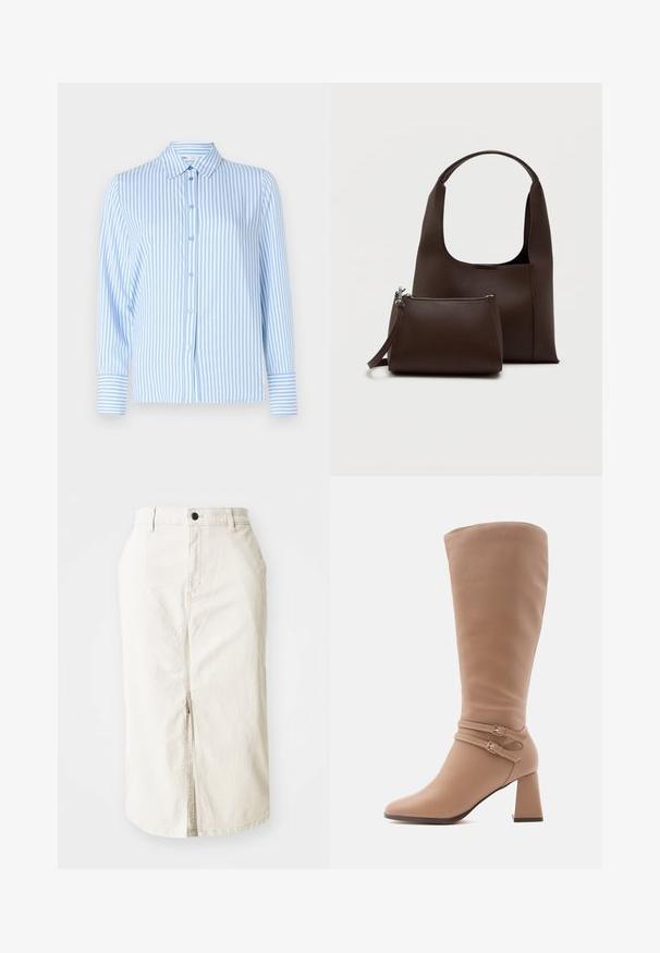 Lys blå stribet langærmet skjorte med krave, knaplukning fortil og kontraststribede manchetter. Glat stoftekstur.; Beige bomulds midi skirt med frontslids, øverste knaplukning og uden synlige lommer. Flad talje og glat tekstur.; Knehøj tan læderstøvle med firkantet tå, to dekorative spænder og en kraftig blokhælkonstruktion for stabilitet. Glat tekstur.; Brun syntetisk håndtaske med et buet håndtag og en glat tekstur. Inkluderer et matchende lille toilettaske med lynlås. Minimalistisk design.