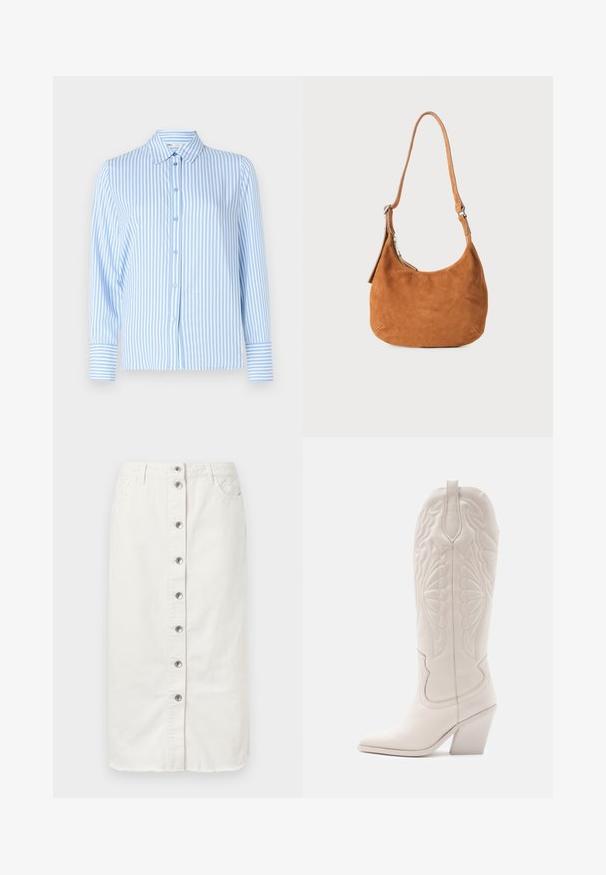 Lichtblauw gestreept overhemd met lange mouwen, kraag, knoopsluiting aan de voorkant en contrasterende gestreepte manchetten. Gladde stofstructuur.; Witte denim midi-rok met knoopsluiting aan de voorkant, twee zijzakken en geborduurde accenten op de tailleband. Beschikt over een onafgewerkte zoom.; Witte leren cowboylaars met een spitse neus en een vierkante hak. Heeft ingewikkelde stikpatronen op de schacht en een soepele textuur.; Tan suède schoudertas met een gebogen ontwerp, verstelbare schouderriem, metalen rits en een geperst logo op de voorkant.