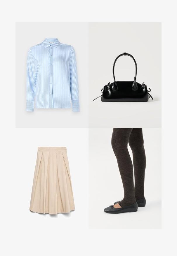 Lichtblauw gestreept overhemd met lange mouwen, kraag, knoopsluiting aan de voorkant en contrasterende gestreepte manchetten. Gladde stofstructuur.; Beige midirok met hoge taille en plooien aan de voorkant, uitlopende silhouet en gladde stof.; Benen met donkere geribbelde leggings gecombineerd met zwarte ballerina's met kleine strikdetails op een witte achtergrond.; Kleine zwarte glanzende handtas met twee lange hengsels en zijkant trekkoord details op een effen lichte achtergrond.