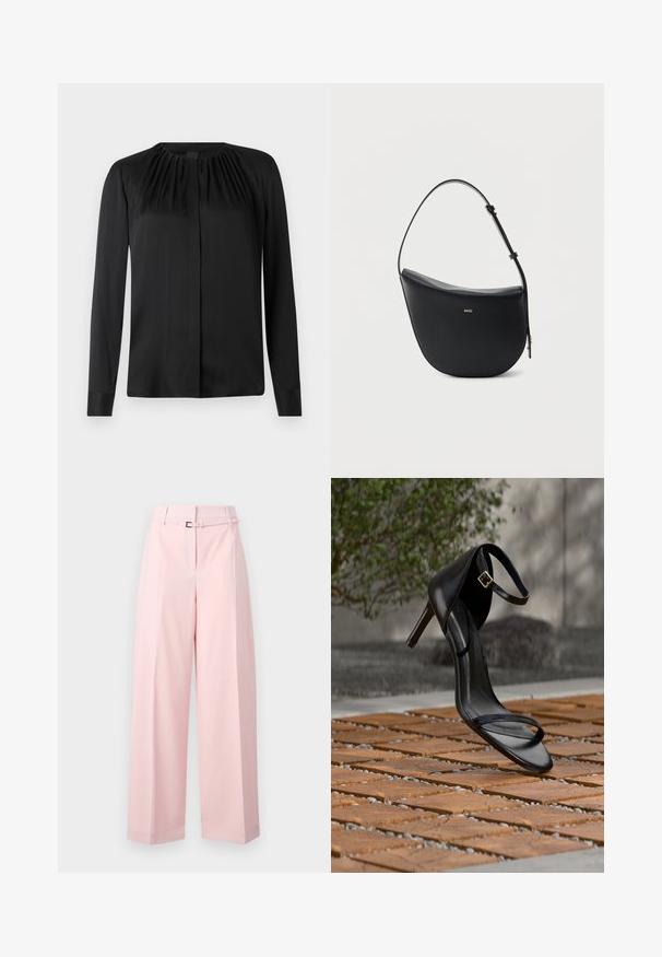 Blusa negra de manga larga hecha de una tela suave con cuello redondo y sutiles fruncidos en los hombros. Presenta un corte recto y un cierre de botones en la parte delantera.; Pantalones de pierna ancha en rosa suave, con cintura alta, cinturón con hebilla plateada y pliegues sutiles para añadir estructura.; Sandalia negra de tacón alto con correa en el tobillo, parece suspendida sobre un suelo de baldosas de madera al aire libre, con un fondo difuminado de vegetación y piedra.; Bolso de hombro de cuero negro en forma de media luna, con correa ajustable y logo dorado "BOSS" centrado en el frente.