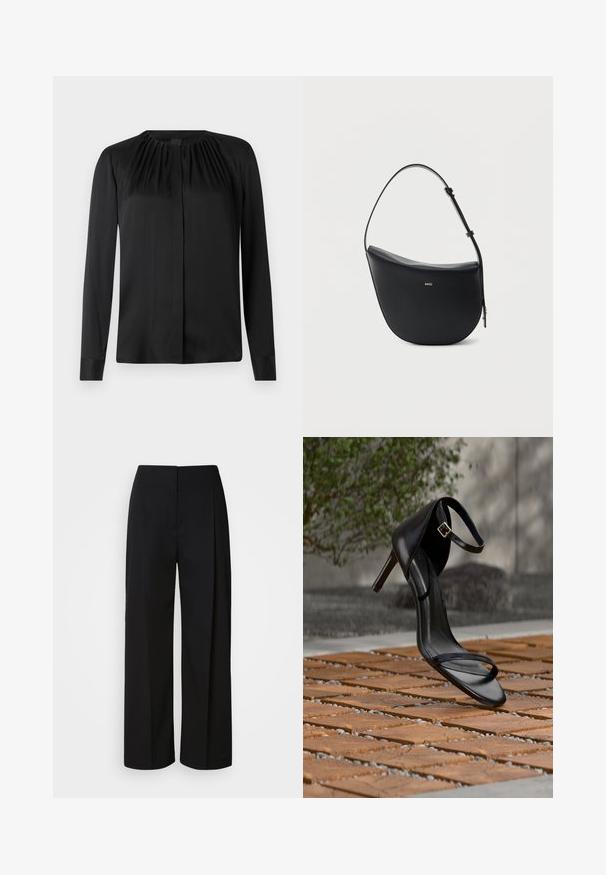 Blouse noire à manches longues en tissu lisse avec un col arrondi et de légères fronces aux épaules. Présente une coupe droite et une fermeture par boutons.; Pantalon noir taille haute à jambes larges avec une fermeture avant dissimulée, des coutures ajustées et un tissu lisse et structuré.; Sandale noire à talon haut avec sangle à la cheville, suspendue au-dessus d'un sol en carreaux de bois à l'extérieur, avec un arrière-plan flou de verdure et de pierre.; Sac à bandoulière en cuir noir en forme de demi-lune avec une bandoulière réglable et le logo doré « BOSS » centré sur le devant.