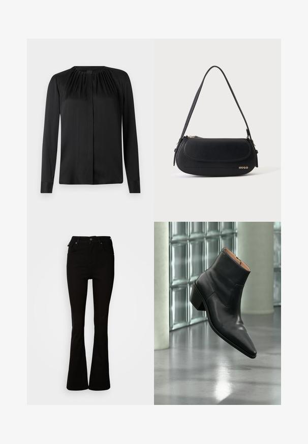 Sort langærmet bluse lavet af glat stof med rund hals og subtile læg ved skuldrene. Har en lige pasform og knaplukning foran.; Sorte flare jeans lavet af denim, med høj talje, forlommer og et klassisk fem-lomme design med metalhardware detaljer.; Sort læderankelstøvle med spids tå og blokhæl, der svæver over en reflekterende grå gulv nær en væg af glasblokke.; Sort skuldertaske i læder med buet klap, guld "HUGO" logo på forsiden og enkelt justerbar strop.