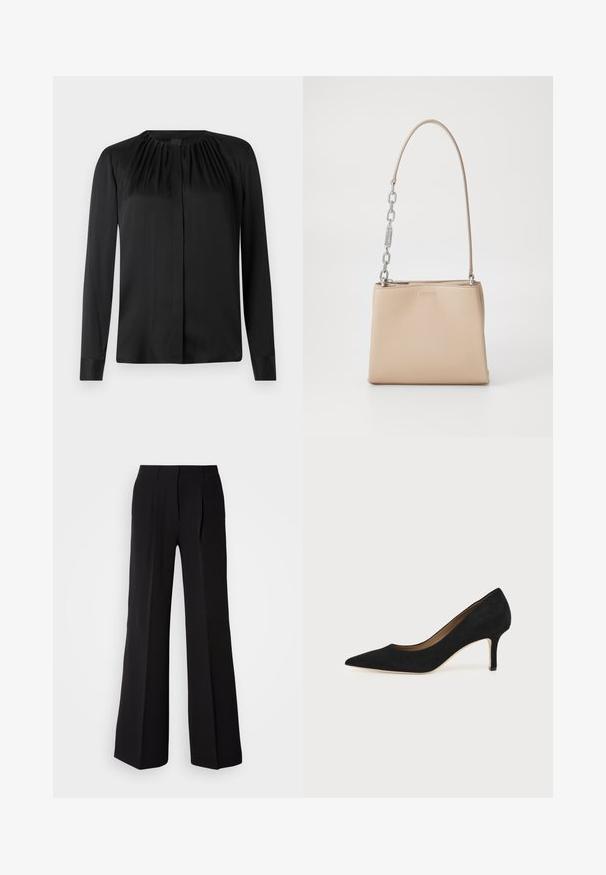 Blouse noire à manches longues en tissu lisse avec un col arrondi et de légères fronces aux épaules. Présente une coupe droite et une fermeture par boutons.; Pantalons noirs en tissu lisse, avec une taille haute, une coupe évasée et deux plis sur le devant pour un détail de conception supplémentaire.; Escarpin en daim noir à bout pointu avec un talon stiletto fin de hauteur moyenne et un design à coupe basse sur un fond uni.; Sac à main en cuir beige au toucher lisse, avec une accent en chaîne argentée sur la poignée et une fermeture éclair. "HUGO" embouti à l'avant.