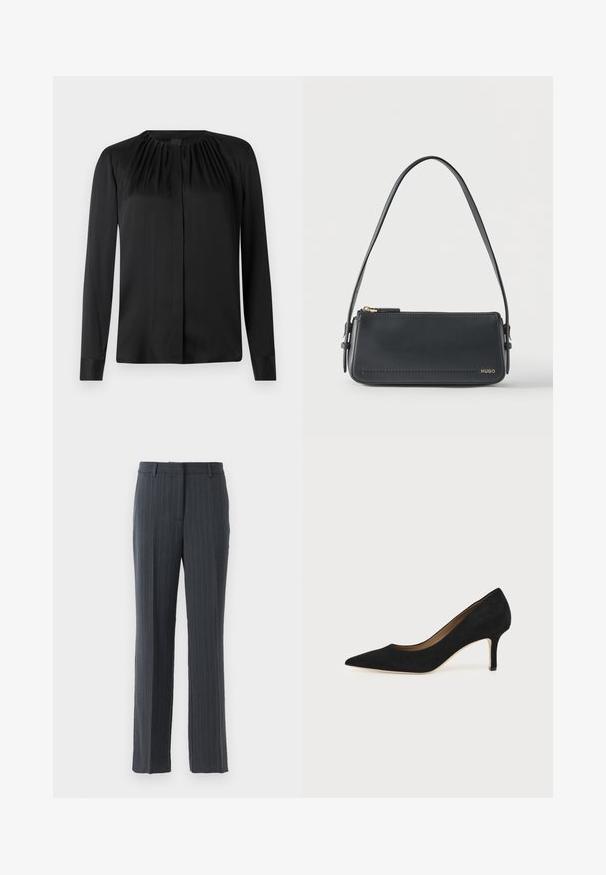 Blusa negra de manga larga hecha de una tela suave con cuello redondo y sutiles fruncidos en los hombros. Presenta un corte recto y un cierre de botones en la parte delantera.; Pantalones de traje rectos de color gris oscuro con rayas, con trabillas y cierre de cremallera frontal sobre un fondo blanco.; Salón de ante negro con punta puntiaguda, tacón de aguja delgado de altura media y diseño de corte bajo sobre un fondo liso.; Bolso de hombro rectangular de cuero negro con cremallera dorada y pequeño logo dorado "HUGO" en el frente, con una correa ajustable con hebilla.