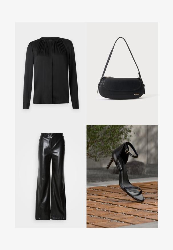 Zwarte blouse met lange mouwen van een gladde stof, met een ronde hals en subtiele plooien bij de schouders. Heeft een rechte snit en een knoopsluiting aan de voorkant.; Zwarte leren wijde broek met een gladde textuur, hoge taille en een verborgen ritssluiting aan de voorkant. Tailored fit met een nette afwerking.; Zwarte hoge hak sandaal met enkelbandje zweeft boven een houten tegelvloer buiten, met een onscherpe groene en stenen achtergrond.; Zwarte leren schoudertas met gebogen klep, gouden "HUGO" logo aan de voorkant en een enkele verstelbare riem.