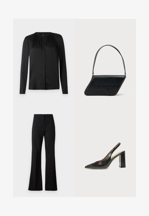 Blouse noire à manches longues en tissu lisse avec un col arrondi et de légères fronces aux épaules. Présente une coupe droite et une fermeture par boutons.; Pantalon noir évasé en tissu lisse, avec une taille haute, des plis sur le devant et une finition nette aux ourlets.; Chaussure slingback en cuir noir à bout pointu avec un talon bloc haut et une doublure intérieure beige sur un fond clair uni.; Sac d'épaule en cuir noir de forme triangulaire, avec un logo embossé et une seule bandoulière réglable. Design minimaliste avec une texture lisse.