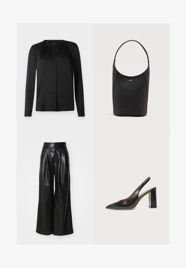 Blouse noire à manches longues en tissu lisse avec un col arrondi et de légères fronces aux épaules. Présente une coupe droite et une fermeture par boutons.; Pantalons large en faux cuir noir, taille haute, avec un devant plissé et une texture lisse. Caractéristiques d'un design épuré et minimaliste.; Chaussure slingback en cuir noir à bout pointu avec un talon bloc haut et une doublure intérieure beige sur un fond clair uni.; Sac seau en cuir noir avec une seule bandoulière et un petit logo BOSS doré centré près du haut à l'avant.
