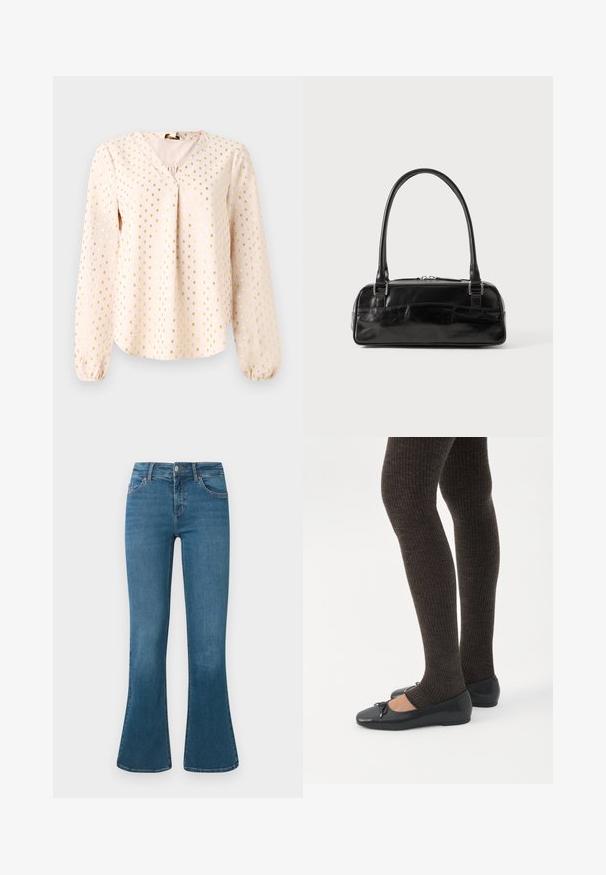 Langærmet, lys rosa bluse med V-hals, prydet med gyldne firkantede mønstre. Blød tekstur med samlede manchetter og en afslappet pasform.; Blå denim flared jeans med en mellemhøj talje, fem-lomme design og diskrete syninger. Glat tekstur med en klassisk vask.; Ben iført mørke ribbede leggings kombineret med sorte balletsko med små sløjfedetaljer på hvid baggrund.; Sort læderhåndtaske med rektangulær form, der har et enkelt struktureret håndtag, sølvhardware og lynlås-lukning. Glat tekstur.