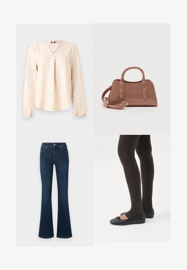 Langärmlige, hellrosa Bluse mit V-Ausschnitt, die goldenem Quadratmuster versehen ist. Weicher Stoff mit gerafften Säumen und lockerer Passform.; Dunkelblaue Jeans aus Denim mit mittelhohem Bund, Fünf-Taschen-Stil und ausgestellten Beinen, flach auf einem weißen Hintergrund liegend.; Beine in dunklen, gerippten Leggings kombiniert mit schwarzen Ballerinas mit kleinen Schleifendetails auf weißem Hintergrund.; Glänzende rosafarbene Handtasche mit zwei oberen Griffen, einem abnehmbaren Schulterriemen und dekorativen Ziernähten. Kompakte, strukturierte Form.