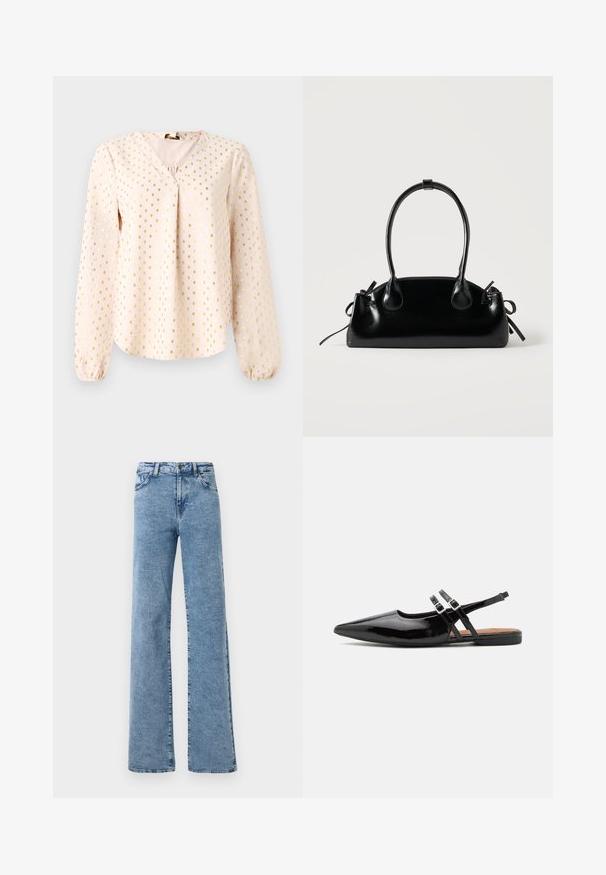 Pikad varrukad, helesinine blouse V-kaelusega, millel on kuldsed ruudu mustrid. Pehme tekstuur, kokkuvõetud mansetid ja lohvakas istuvus.; Noisy May Straight fit NMYOLANDA - Wide leg - medium blue denim; Mustad lakknahast slingback kingad on terava ninaga, kahe rihmaga, millel on klambriga aktsendid, ning lame tald.; Väike must läikiv käekott kahe pika sangaga ja külgedel paelakinnitustega, ühel lihtsal helel taustal.