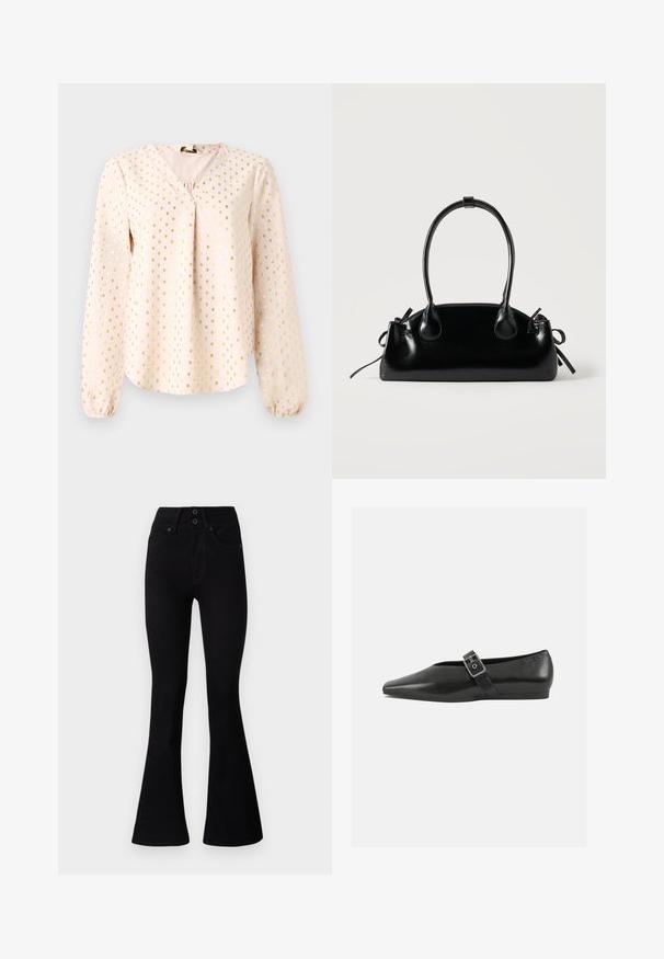 Langärmlige, hellrosa Bluse mit V-Ausschnitt, die goldenem Quadratmuster versehen ist. Weicher Stoff mit gerafften Säumen und lockerer Passform.; Pepe Jeans FLARE CONTOUR - Flared Jeans - black denim; Schwarze Lederflachschuhe mit spitzem Zehenbereich, ausgestattet mit einem metallischen Riemen über dem Spann und einer niedrigen, flexiblen Sohle.; Kleine schwarze glänzende Handtasche mit zwei langen Griffen und seitlichen Kordelzug-Details vor einfachem hellem Hintergrund.