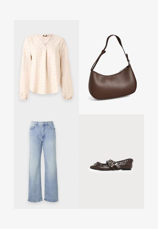 Langärmlige, hellrosa Bluse mit V-Ausschnitt, die goldenem Quadratmuster versehen ist. Weicher Stoff mit gerafften Säumen und lockerer Passform.; Helle blaue Wide-Leg-Jeans aus Denim, mit hohem Bund, fünf Taschen und einem Saum mit dezenten Fransen.; Dunkelbrauner flacher Lederschuh mit spitzer Spitze, doppelten silbernen Schnallenriemen, Metallösen und dekorativer Schleife vorne.; Kleine braune Lederschultertasche mit verstellbarem Riemen und Reißverschluss, vor weißem Hintergrund. Kein sichtbares Branding oder Verzierung.