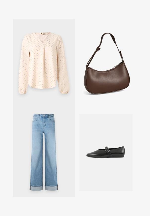 Langærmet, lys rosa bluse med V-hals, prydet med gyldne firkantede mønstre. Blød tekstur med samlede manchetter og en afslappet pasform.; Lyseblå, vide jeans i klassisk denim med høj talje, prydet med opbrettede kanter og synlig søm.; Sorte læder flade sko med spidse tæer, prydet med en metallisk spænde over vristen og en lav, fleksibel sål.; Lille brun skuldertaske i læder med justerbar rem og lynlåslukning, vist mod hvid baggrund. Ingen synligt branding eller dekorationer.