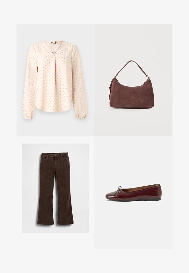 Lange mouw, lichtroze blouse met een V-hals, met gouden vierkante patronen. Zachte textuur met gerimpelde manchetten en een ontspannen pasvorm.; Bruine corduroy wijde broek met een gladde textuur, voorzien van steekzakken aan de voorkant en een enkele knoopsluiting in de taille.; Bordeaux gepatenteerd lederen ballerina met een ronde neus, een klein strikaccent aan de voorkant en een lage, zwarte rubberen zool. Glad textuur.; Bruine suède schoudertas met een enkele handgreep en een ritssluiting, afgebeeld tegen een effen lichte achtergrond.