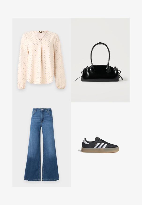 Blusa de manga larga en rosa claro con escote en V, que presenta patrones cuadrados dorados. Textura suave con puños fruncidos y un corte relajado.; Vaqueros de pierna ancha azul hechos de denim, con cintura alta, bolsillos frontales y un dobladillo limpio. Sin patrones ni adornos visibles.; Zapatilla deportiva de cuero negro con tres rayas plateadas, punta texturizada y suela de goma. Cuenta con un collar acolchado y un diseño con cordones.; Pequeño bolso negro brillante con dos asas largas y detalles de cordón lateral sobre un fondo claro liso.