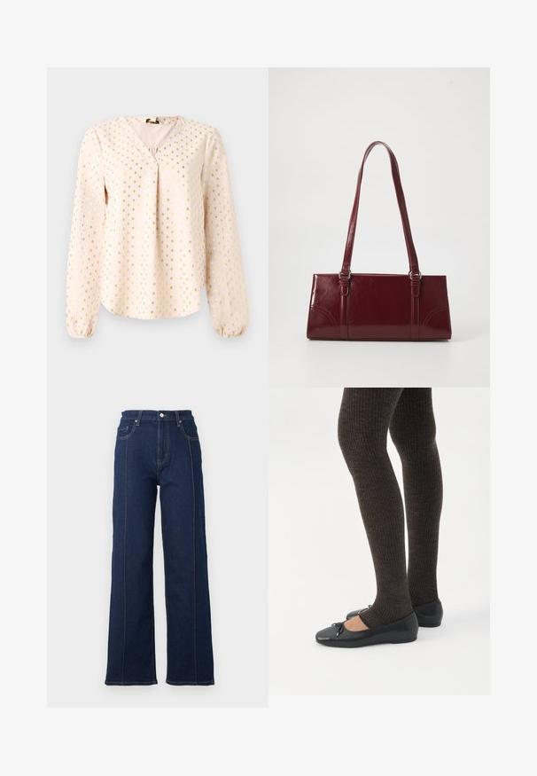 Lange mouw, lichtroze blouse met een V-hals, met gouden vierkante patronen. Zachte textuur met gerimpelde manchetten en een ontspannen pasvorm.; Donkerblauwe denim broek met wijde pijpen, opvallende stiksels, hoge taille en vijf zakken. Voorzien van een sluiting met knoop en rits aan de voorkant.; Benen met donkere geribbelde leggings gecombineerd met zwarte ballerina's met kleine strikdetails op een witte achtergrond.; Bourgondische handtas van glanzend materiaal, rechthoekige vorm, met twee schouderbanden en subtiele gebogen accenten aan de voorkant.