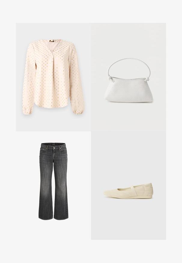 Langærmet, lys rosa bluse med V-hals, prydet med gyldne firkantede mønstre. Blød tekstur med samlede manchetter og en afslappet pasform.; Sorte, falmede, straight-leg jeans i denim med forreste knap, bæltestropper og fem-lommer design.; Lysebrune ballet flats med en glat læderoverflade, mandelformet tå og elastisk rem over vristen, med diskrete syninger.; Hvid fletlæderhåndtaske med afrundet håndtag og ender på remmen, der er knyttet, vist mod en ensfarvet baggrund.
