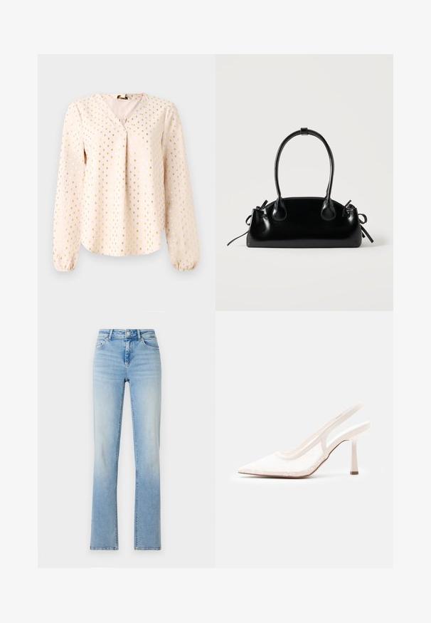 Langærmet, lys rosa bluse med V-hals, prydet med gyldne firkantede mønstre. Blød tekstur med samlede manchetter og en afslappet pasform.; Lyseblå denimjeans med høj talje, lige ben og subtilt slid. Har fem lommer og bæltestropper.; Hvid spids tå slingback højhælet sko med blonder og meshoverdel samt slank hæl på enkel lys grå baggrund.; Lille sort blank håndtaske med to lange håndtag og snøre-detaljer i siden på en ensfarvet lys baggrund.