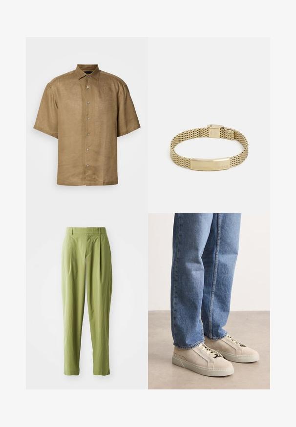 Kortærmet, button-up skjorte i lys brun linned med en tekstureret finish, der har en standardkrave og seks knapper foran.; Lys grønne bukser lavet af et struktureret stof, med en lige form, folder foran og en standard talje.; BOSS GARYTENN_SDHDEL - Sneakers - natural ten; Guldfarvet mesh-armbånd med en flad, indgraveret plade med ordet "BOSS". Designet er strømlinet med en metallisk tekstur og sikker lukning.