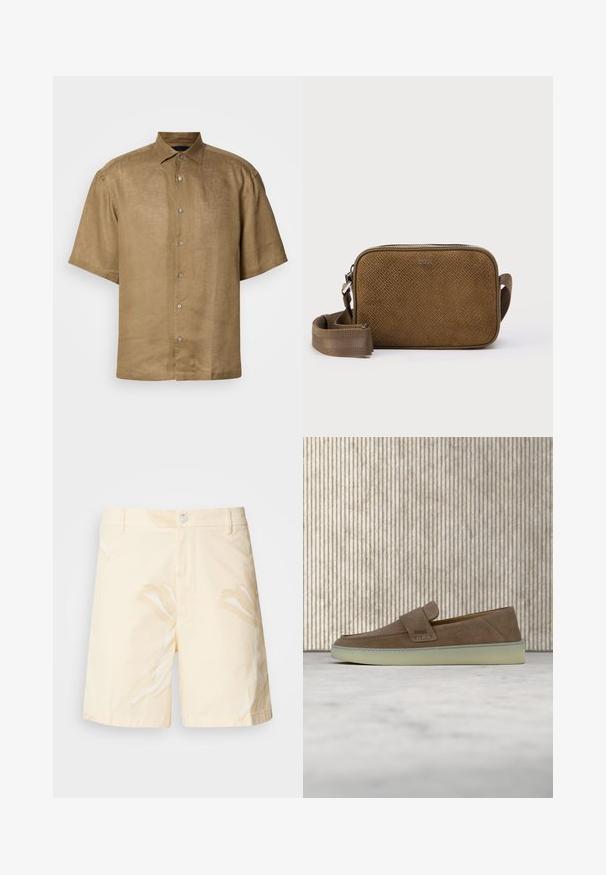 Kortærmet, button-up skjorte i lys brun linned med en tekstureret finish, der har en standardkrave og seks knapper foran.; Bomuldsshorts i lys gul med blomstermønster. Har en knaplukning, frontlommer og en lige pasform med opretstående kanter.; Beige ruskind slip-on loafer med hvid gummisål og BOSS-logo på sidestroppen, vist mod en ensfarvet neutral baggrund.; Brun ruskinds crossbody-taske med en tekstureret overflade, rektangulær form, frontlogo-detalje og justerbar strop af stof. Sølvfarvede metaldele.