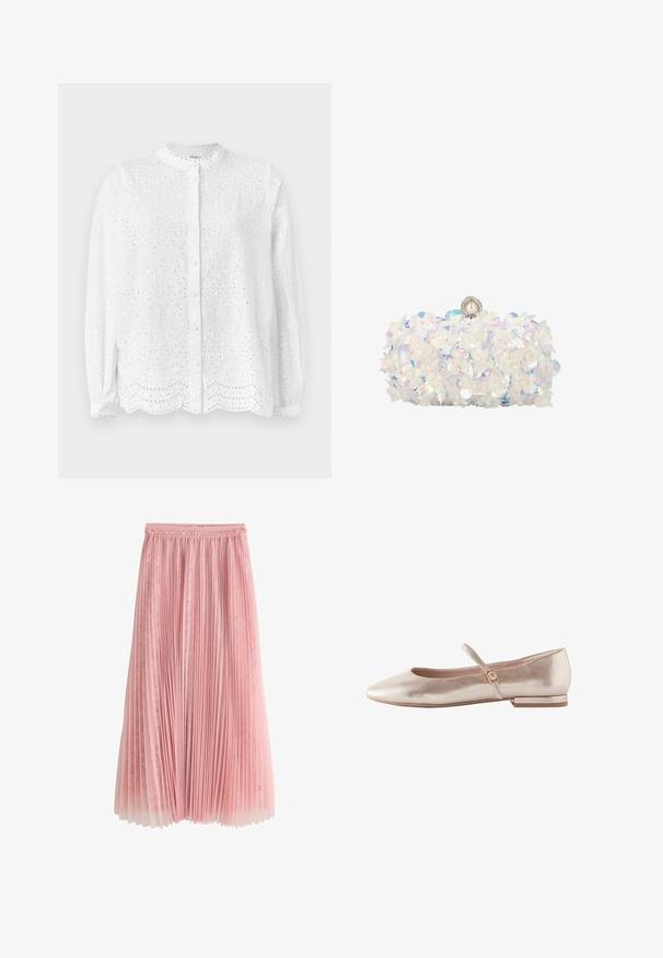 Witte blouse met een ronde halslijn, lange mouwen en knoopsluiting; heeft geborduurde uitsnijdingen en een gegolfde zoom.; Roze geplooide midi-rok met een kanten onderlaag en een geplooide tailleband, getoond op een witte achtergrond.; Next WIDE FIT FOREVER COMFORT MARY JANE - Ballerina's met enkelbandjes - champagne gold; Witte clutchtas bedekt met iriserende bloemapplicaties en parelaccenten, met een parelklipsluiting bovenaan.