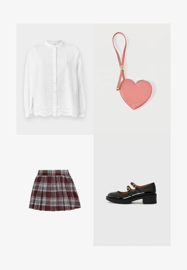 Witte blouse met een ronde halslijn, lange mouwen en knoopsluiting; heeft geborduurde uitsnijdingen en een gegolfde zoom.; Rood en zwart geruite plissé rok van een gestructureerde stof. Voorzien van een aangesloten tailleband en een uitlopende vorm met afwisselend witte en groene lijnen.; Zwart gepatineerd leren Mary Jane-schoenen met twee verstelbare bandjes, ronde neus en een dikke rubberen hak met een gestructureerd loopvlak.; Roze leren muntportemonnee in hartvorm met polsbandje en gouden rits, gebrandmerkt met kleine gouden tekst "Furla".