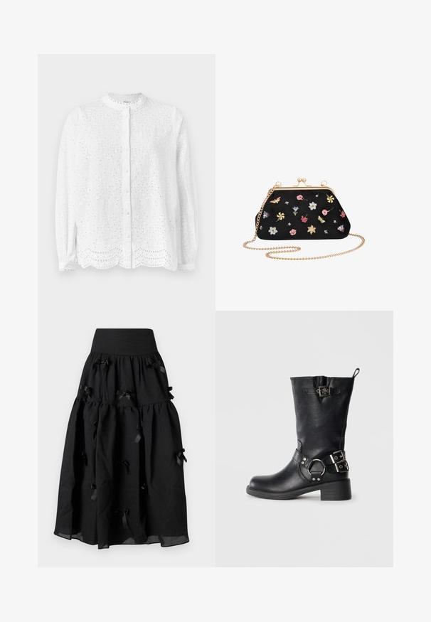 Witte blouse met een ronde halslijn, lange mouwen en knoopsluiting; heeft geborduurde uitsnijdingen en een gegolfde zoom.; Sister Jane BIRDIE BOW MIDI SKIRT - A-lijn rok - black; Zwarte leren kniehoog laars met een ronde neus, een lage hak, zijgespen als accent en een treklus achteraan.; Zwarte suede clutch met een gouden metalen frame, kettingband en kleurrijke borduursels van bloemen en vlinders die over het oppervlak zijn verspreid.