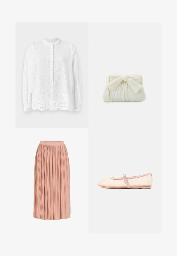 Blusa blanca con escote redondo, mangas largas y cierre de botones; presenta recortes bordados y un dobladillo festoneado.; Falda plisada midi de color rosa claro con una cinturilla ancha, hecha de tela ligera, mostrada sobre un fondo blanco.; Zapato plano beige claro con punta puntiaguda y una sola correa con hebilla lateral, mostrado sobre un fondo blanco liso.; Bolso de mano plisado blanco con un destacado detalle de lazo y una correa de cadena dorada. Textura suave con un diseño fruncido en la parte frontal.
