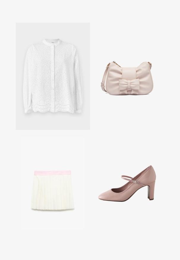 Witte blouse met een ronde halslijn, lange mouwen en knoopsluiting; heeft geborduurde uitsnijdingen en een gegolfde zoom.; Gelaagde skort in ivoor met een zachte roze tailleband. Beschikt over verticale plooien en een gladde textuur, ontworpen voor een gestructureerde uitstraling.; Roze leren hoge hak met een afgeronde teen, enkelbandje en gegolfde rand. Voorzien van een smalle blokhak voor extra ondersteuning.; Kleine lichtroze handtas met een grote strik aan de voorkant, gouden rits en verstelbare schouderriem, afgebeeld tegen een witte achtergrond.
