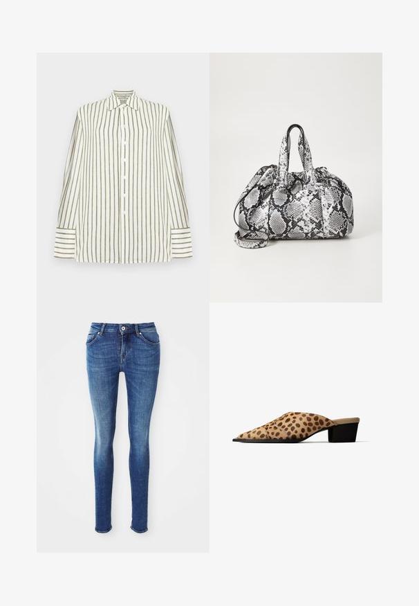 Chemise blanche à manches longues avec des rayures verticales vert olive, fermeture boutonnée à l'avant, col pointu et larges poignets rayés.; Jean skinny en denim bleu avec une texture lisse, taille mi-haute, cinq poches et un léger délavage sur les cuisses. Comprend un bouton en métal et une fermeture éclair.; Mule à bout pointu avec empeigne en imprimé léopard beige et marron foncé et un petit talon carré noir.; Sac à main en motif peau de serpent noir et blanc avec deux poignées, une fermeture à cordon et une bandoulière amovible. Texture lisse.