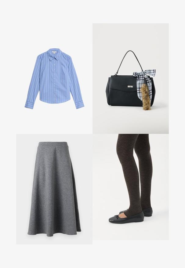 Blauw-wit gestreepte langarm blouse met knopen. Kenmerkt zich door een puntkraag en een gebogen zoom. Gemaakt van een gladde, lichte stof.; Grijze, knielange rok gemaakt van zacht, rekbaar materiaal, met een uitlopende snit en een elastische tailleband voor comfort.; Benen met donkere geribbelde leggings gecombineerd met zwarte ballerina's met kleine strikdetails op een witte achtergrond.; Zwarte handtas met een bovenhandvat, zilverkleurige sluiting en een zwart-wit geruit lint vastgeknoopt aan een bruine, harige sleutelhanger.