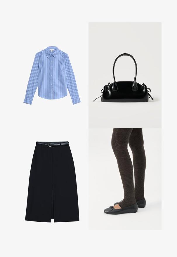 Camisa de botones de manga larga a rayas azul y blanca. Presenta un collar tipo pico y un dobladillo curvado. Fabricada con una tela suave y ligera.; Falda negra hasta la rodilla con una abertura en la parte delantera, hecha de tejido suave. Presenta un delgado cinturón negro con una hebilla plateada y pasadores para el cinturón.; Piernas con leggings oscuros acanalados combinados con bailarinas negras que presentan pequeños detalles de lazo sobre un fondo blanco.; Pequeño bolso negro brillante con dos asas largas y detalles de cordón lateral sobre un fondo claro liso.